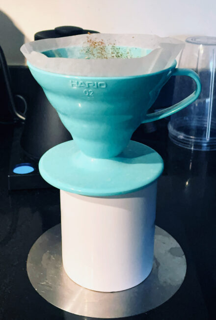 Hario V60 Coffee Dripper and filter paper.